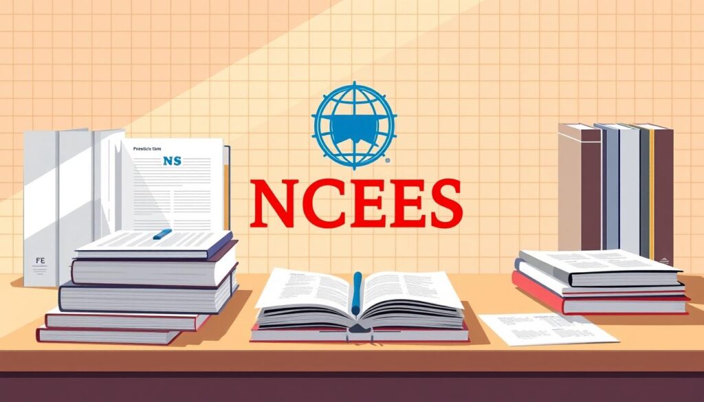 A meticulously detailed illustration of NCEES FE Exam resources, captured in a crisp, clean aesthetic. The foreground features an array of examination materials - textbooks, practice tests, and reference guides - arranged neatly on a minimalist desk, bathed in warm, natural lighting. The middle ground showcases the iconic NCEES logo, rendered in a bold, authoritative font, conveying the organization's commitment to engineering excellence. In the background, a subtle grid pattern evokes a sense of structure and organization, complementing the professional, examination-focused atmosphere. The overall composition strikes a balance between informative and visually appealing, making it an ideal representation of the essential NCEES resources for FE exam preparation.