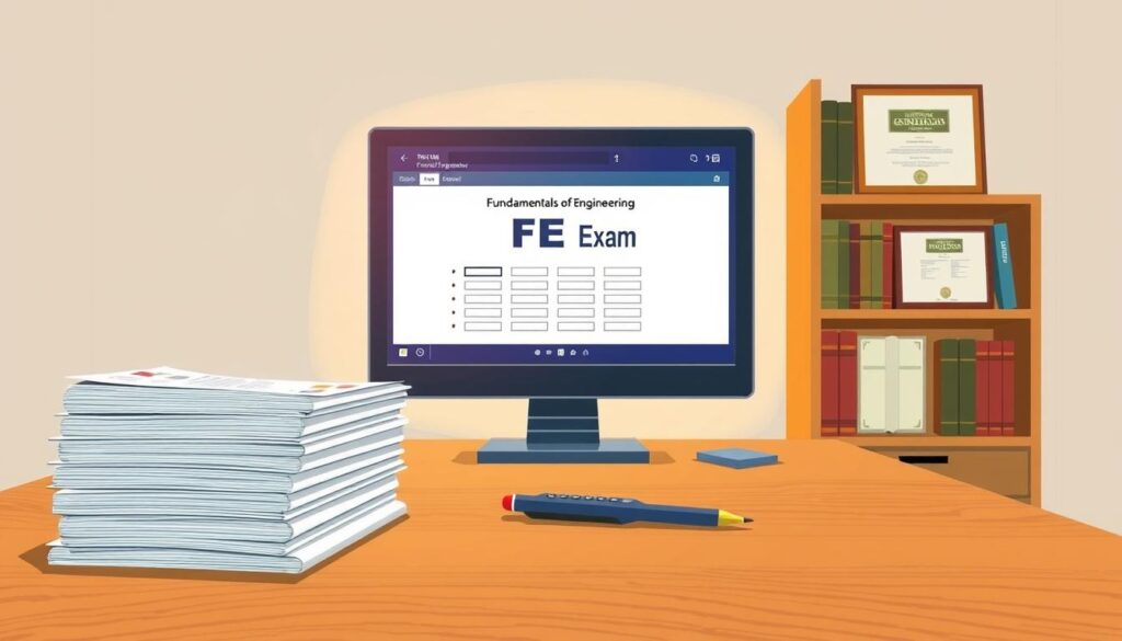 A meticulously detailed illustration of the Fundamentals of Engineering (FE) exam, set against a muted, professional backdrop. In the foreground, a stack of examination booklets and a calculator sit atop a clean, wood-grain desk, accompanied by a sharp, mechanical pencil. The middle ground features a computer monitor displaying the FE exam interface, bathed in a warm, ambient light. In the background, a bookshelf filled with engineering textbooks and a framed professional engineering certificate create a sense of academic authority. The overall scene conveys the serious, high-stakes nature of this crucial step in the civil engineering licensure process.