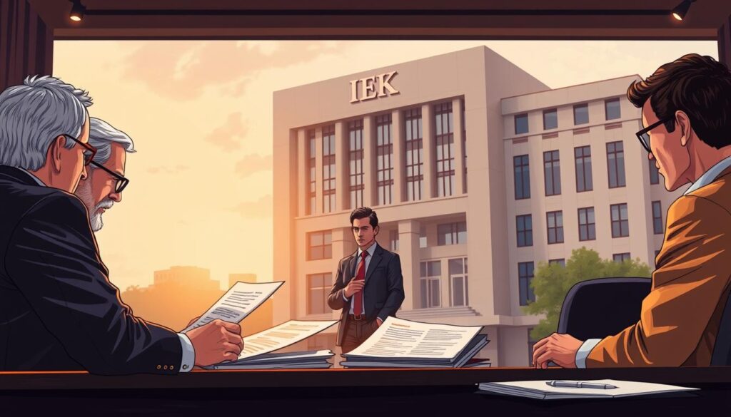 A meticulously detailed illustration of the IEK membership review process. In the foreground, a panel of distinguished engineers scrutinizing application documents under warm, focused lighting. In the middle ground, an applicant anxiously awaiting their decision, captured in a pensive pose. The background depicts the prestigious IEK headquarters, its imposing architecture evoking a sense of professionalism and authority. The scene conveys the gravity and importance of the review process, with a touch of tension and anticipation. Rendered in a realistic, photographic style with a shallow depth of field to draw the viewer's attention to the key elements.