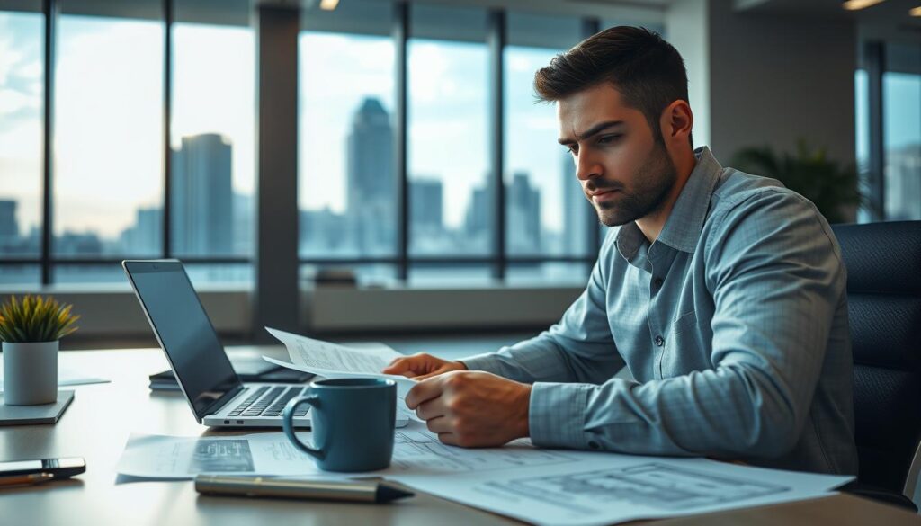 A meticulously detailed image of a civil engineering professional sitting at a desk, studying intently for their licensure exam. The scene is set in a well-lit, modern office space, with a large window providing natural illumination and a skyline visible in the background. The subject's face is in sharp focus, brow furrowed in concentration, as they review documents and technical diagrams spread out before them. The desk is neatly organized, with a laptop, coffee mug, and various engineering tools and materials. The overall mood is one of focused determination, reflecting the importance of this pivotal step in the civil engineer's career development.
