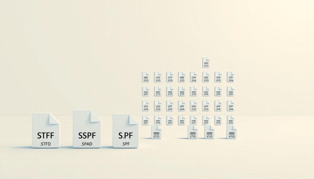 A meticulously detailed technical illustration of STAAD Pro file formats, showcasing a variety of file types and their unique icons against a clean, minimalist background. The foreground features a prominent display of the main file extensions, such as .STD, .SSD, and .SPF, rendered with precision and clarity. The middle ground presents a grid-like arrangement of smaller file icons, highlighting the diverse range of data that can be imported and exported within the STAAD Pro software. The background subtly suggests a sense of order and structure, with gentle grid lines and a soft, muted color palette to reinforce the technical nature of the subject matter. Crisp lighting from an overhead source casts subtle shadows, adding depth and dimension to the overall composition.