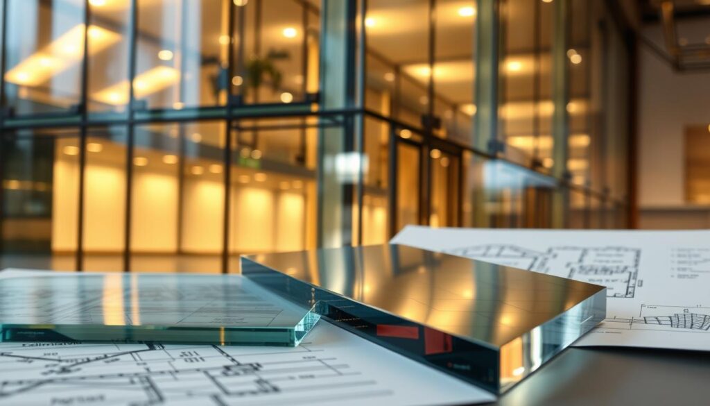 A meticulously engineered glass façade, its sleek panels glimmering under warm, directional lighting. Intricate structural supports hidden within the design, seamlessly integrated to maximize transparency. In the foreground, a glass sample showcases the material's clarity and structural integrity, while in the background, a blueprint-style rendering highlights the architectural plan. The overall mood conveys a sense of precision, innovation, and the harmonious fusion of form and function in glass engineering solutions.