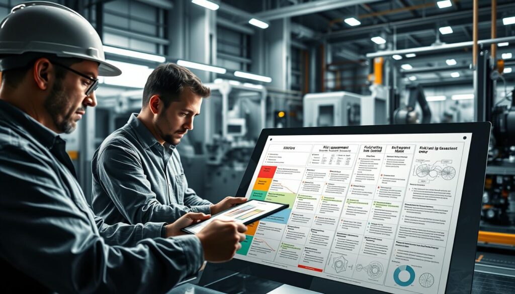 A meticulously laid-out engineering risk assessment process, captured in a high-resolution, photorealistic image. In the foreground, a team of engineers poring over detailed schematics and data analysis, their expressions reflecting deep concentration. The middle ground showcases a comprehensive risk matrix, color-coded to denote different threat levels, surrounded by technical diagrams and risk mitigation strategies. In the background, a clean, well-lit industrial setting with sleek, modern machinery, conveying a sense of precision and control. Dramatic lighting casts long shadows, emphasizing the gravity of the task at hand. The overall atmosphere is one of professionalism, rigor, and a relentless pursuit of excellence in engineering quality control.