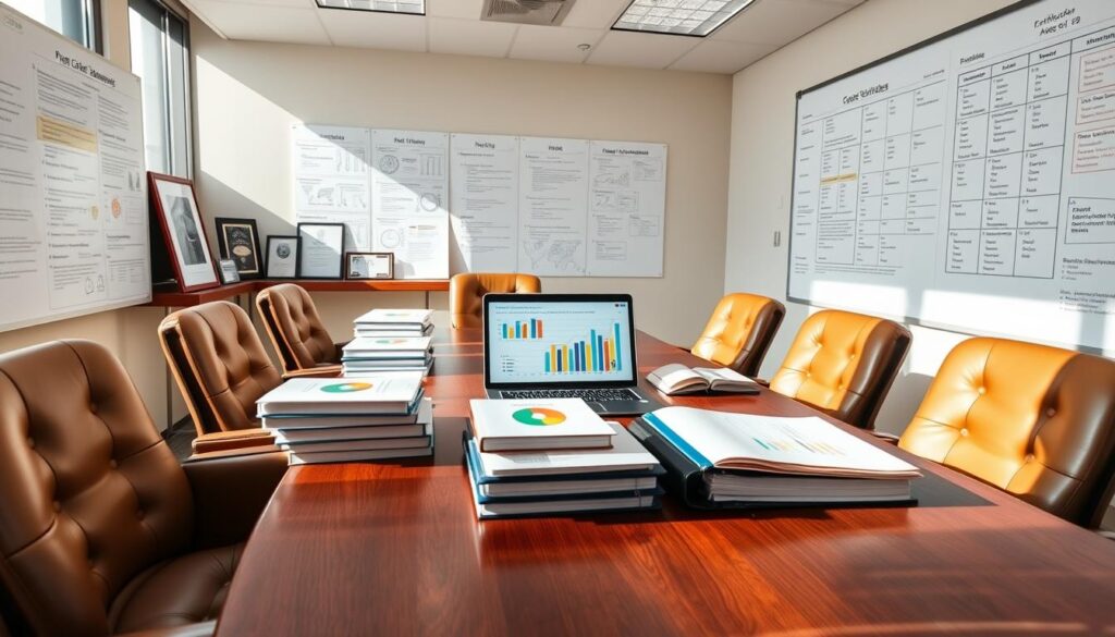 A meticulously organized conference room, sunlight filtering through the windows, casting a warm glow on the mahogany table and plush leather chairs. On the table, neatly stacked project management binders and an open laptop displaying colorful charts and graphs. Beside them, a collection of awards and certificates, tangible evidence of successful case studies. The room's walls are adorned with large whiteboards covered in detailed project timelines, milestones, and risk assessments. An air of focus and professionalism pervades the space, reflecting the diligence and expertise of the project managers whose triumphs are showcased here.