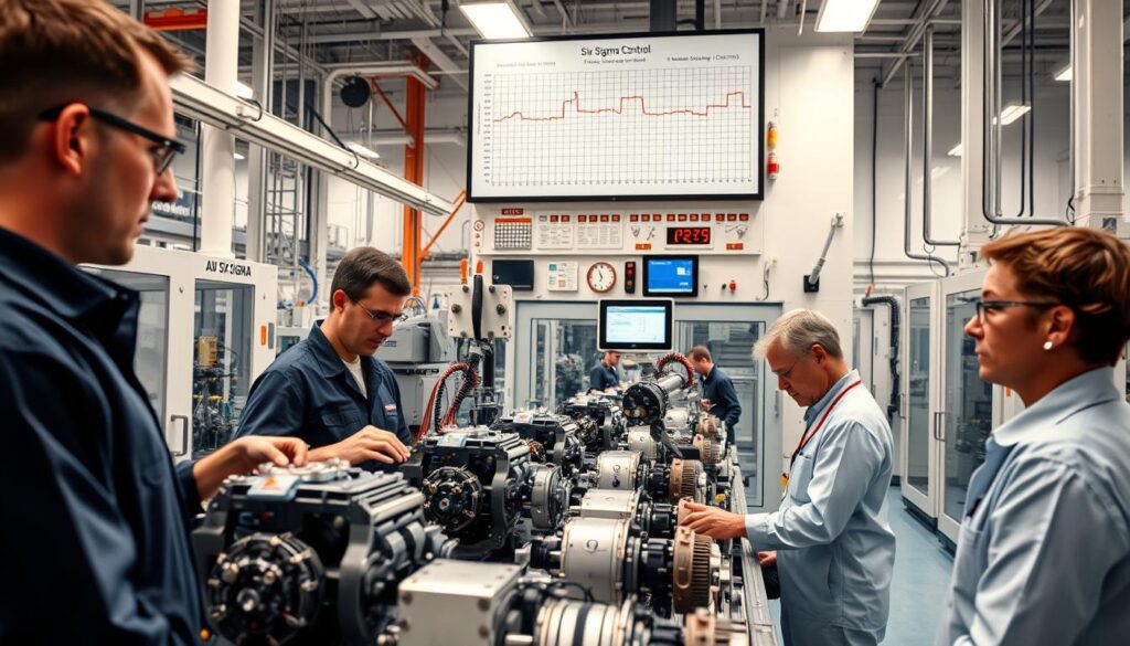 A meticulously organized factory floor, pristine and well-lit, showcases the principles of Six Sigma quality control. In the foreground, a team of engineers examines intricate mechanical components under the watchful gaze of a process control chart, their expressions focused and analytical. In the middle ground, automated machinery performs precisely calibrated tasks, their movements fluid and efficient. The background is dominated by a towering control panel, its display screens and indicators providing real-time data on the production process. The scene conveys a sense of order, discipline, and a relentless pursuit of perfection, reflecting the core tenets of Six Sigma methodologies.