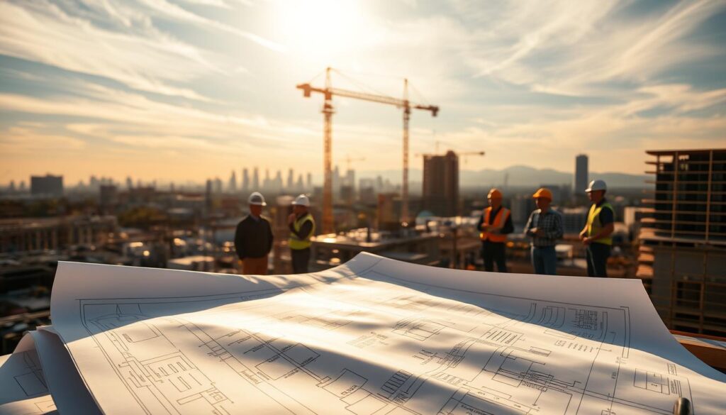 A meticulously planned civil engineering project site, bathed in warm, golden sunlight filtering through wispy clouds. In the foreground, a detailed blueprint unfurls, showcasing precise engineering diagrams. In the middle ground, hardhat-clad engineers consult with construction workers, gesturing animatedly as they coordinate tasks. In the background, a towering crane and partially completed structures rise against a picturesque urban skyline. The scene radiates a sense of organized efficiency, with every element working in harmonious synchronization - a testament to the crucial role of effective project planning in successful civil engineering endeavors.