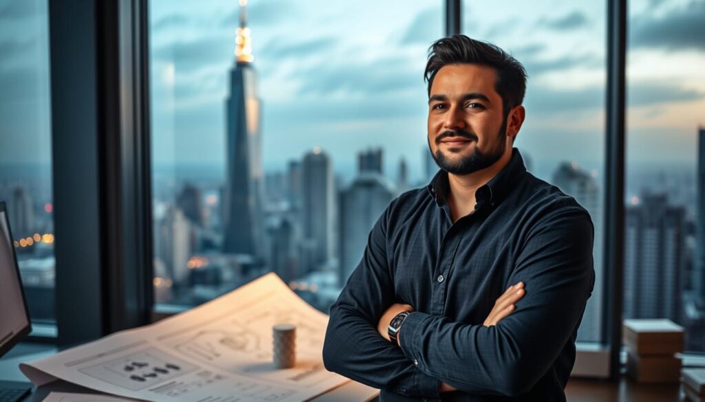 A mid-career engineer stands confidently in their workplace, a blueprint schematic and 3D-printed model on their desk, symbolizing their technical expertise and innovation. Soft, directional lighting illuminates their face, conveying a sense of ambition and focus. In the background, a towering skyscraper and cityscape suggest the expansive opportunities for professional growth and advancement. The scene evokes a mood of determination, success, and the fulfillment of one's engineering aspirations.