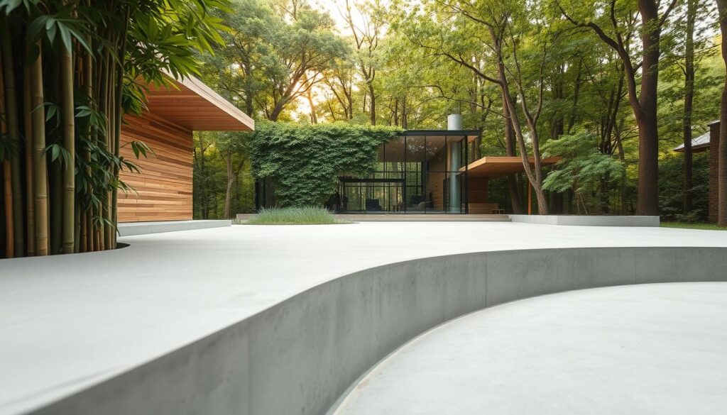 A minimalist architectural landscape showcasing the beauty of sustainable building materials. In the foreground, smooth, organic shapes of bamboo, reclaimed wood, and recycled concrete blend seamlessly. Mid-frame, a modern glass-and-steel structure rises, its facade partially covered in verdant, climbing vines. In the background, a lush forest canopy frames the scene, casting a warm, natural glow. The lighting is soft and diffused, creating a tranquil, serene atmosphere that highlights the harmony between the built environment and nature. Captured through a wide-angle lens, the composition emphasizes the integration of green technology and traditional craftsmanship.