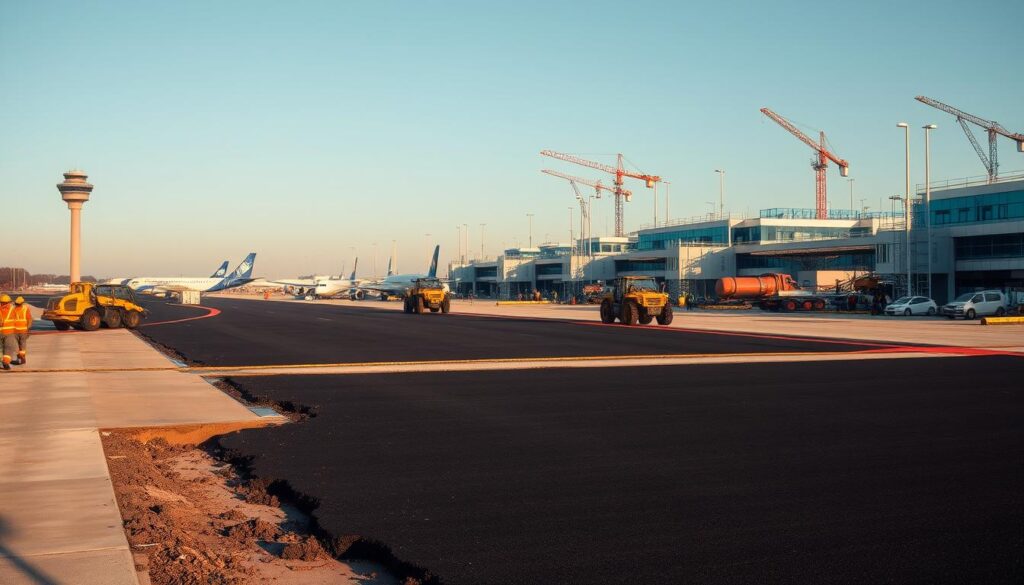 A modern airport runway undergoing rehabilitation, with construction crews and heavy machinery in the foreground. The asphalt surface is partially torn up, revealing the underlying concrete base. In the middle ground, workers operate specialized paving equipment, smoothing and leveling the new asphalt. In the background, the control tower and terminal buildings stand tall, their facades bathed in warm, golden sunlight. Cranes and scaffolding dot the skyline, indicating the scale of the project. The scene conveys a sense of efficient progress, with safety precautions and coordination evident throughout the rehabilitation effort.