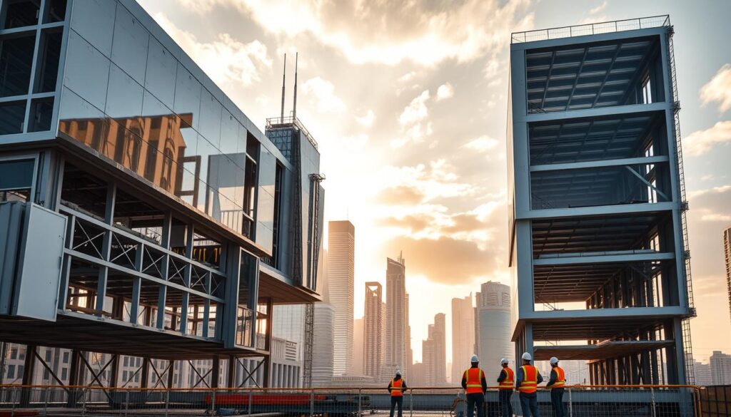 A modern, airy building with sleek, modular exterior panels in various shades of gray and white. The structure appears to be partially transparent, revealing the intricate network of beams and supports that give it structural integrity. In the foreground, a group of construction workers in bright safety gear oversee the assembly process, their movements precise and efficient. The background is a cityscape of towering skyscrapers, bathed in warm, golden sunlight that filters through wispy clouds. The overall scene conveys the benefits of modular construction - speed, flexibility, and a harmonious blend of form and function.