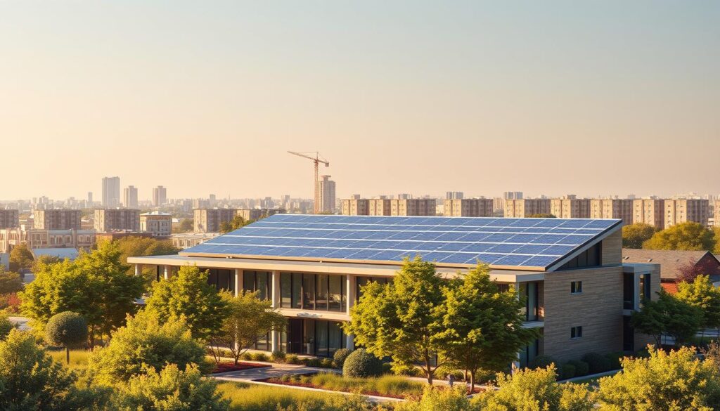 A modern and energy-efficient building, designed with sustainable principles in mind. In the foreground, sleek solar panels adorn the rooftop, harnessing the power of the sun. The building's facade features large windows that flood the interior with natural light, reducing the need for artificial illumination. The middle ground showcases lush, verdant landscaping, including trees and shrubs that provide natural insulation and contribute to the structure's overall energy efficiency. In the background, a cityscape of similar eco-friendly buildings, each one a testament to the power of innovative sustainable design. The scene is bathed in a warm, golden glow, conveying a sense of harmony and environmental responsibility.