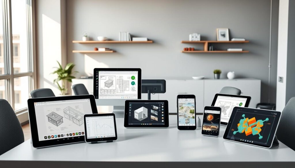 A modern and sleek office workspace with a large desk showcasing several top-rated mobile design and drafting apps on various tablets and smartphones. The apps are displayed in a visually appealing arrangement, highlighting their key features and functionalities. The scene is illuminated by natural light from large windows, creating a bright and productive atmosphere. The background features minimalist decor elements, such as floating shelves with design-related books and accessories, complementing the overall professional and design-focused ambiance. The composition emphasizes the versatility and capabilities of these mobile apps for civil engineering tasks like architectural sketching, 3D modeling, and technical drawing.