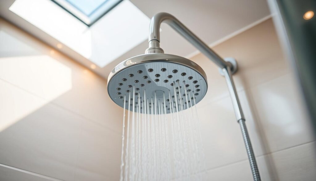 A modern bathroom with a gleaming chrome showerhead installed on the tiled wall. The showerhead is positioned at eye level, with a sleek and minimalist design. The background features a neutral color palette, with subtle details like the grout lines and the recessed lighting casting a warm glow. The scene is well-lit, with natural light streaming in from a window or skylight, creating a bright and airy atmosphere. The overall mood is one of cleanliness, organization, and a sense of ease in tackling a simple plumbing task.