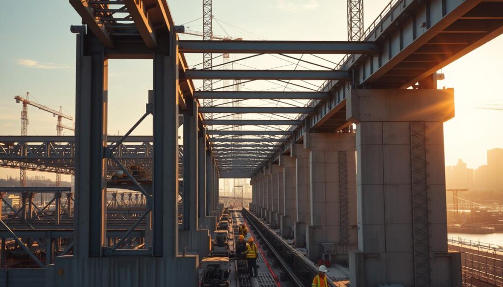 A modern bridge construction site, bathed in warm, golden sunlight. In the foreground, sturdy steel girders and reinforced concrete piers stand as the skeletal framework, their precise geometry and gleaming surfaces reflecting the technological prowess of contemporary engineering. In the middle ground, workers in high-visibility vests operate specialized machinery, seamlessly integrating advanced materials and construction techniques. The background reveals the towering silhouettes of cranes and the distant cityscape, hinting at the urban context in which this bridge will serve as a vital connective artery. The scene exudes a sense of progress, efficiency, and the relentless march of innovation in the field of bridge construction.
