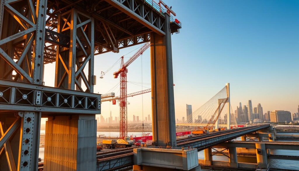 A modern bridge construction site, illuminated by warm natural light. In the foreground, sturdy steel girders and reinforced concrete pillars stand as the skeletal framework, their intricate lattices and textured surfaces a testament to engineering prowess. In the middle ground, cranes and heavy machinery operate with precision, lifting and maneuvering the load-bearing components into place. The background showcases the latest advancements in materials, with innovative composite materials and high-tensile cables creating a sleek, streamlined silhouette against a backdrop of a vibrant, urban skyline. The scene exudes a sense of progress, power, and the relentless march of technological innovation in the field of bridge construction.