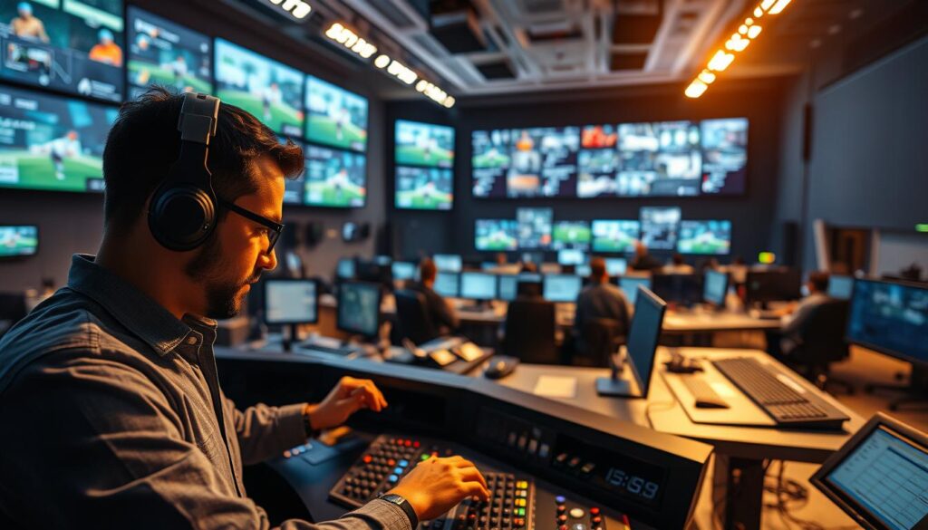 A modern broadcast engineering control room, bathed in a warm glow of LED displays and monitors. In the foreground, a skilled technician carefully adjusts knobs and sliders, their face illuminated by the soft, ambient lighting. Cables and equipment neatly organized behind them, creating a sense of order and precision. In the middle ground, a panoramic view of the control room, with multiple workstations and desks, each focused on a specific aspect of the broadcast process. The background is dominated by a large, high-resolution video wall, displaying live feeds and data visualizations, providing a clear overview of the entire broadcast system. The atmosphere is one of calm professionalism, with the technicians working in harmony to ensure a seamless and engaging viewing experience for the audience.