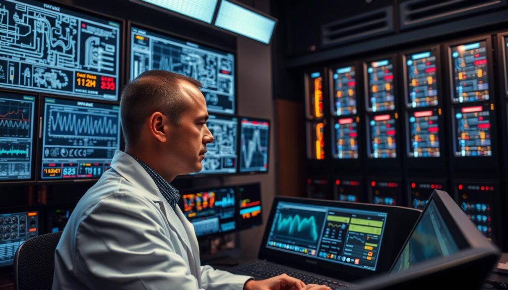 A modern broadcast engineering workstation, with intricate diagrams and schematics sprawled across multiple high-resolution displays. Sleek metal and glass enclosures house advanced signal processing equipment, their LED indicators pulsing with real-time data. In the foreground, a technician in a crisp white lab coat scrutinizes waveform monitors, their brow furrowed in deep concentration. The ambient lighting casts a warm, technical glow, complementing the clean, minimalist aesthetic of the workspace. Towering server racks line the background, their blinking lights and spinning fans hinting at the powerful computing infrastructure that powers this cutting-edge broadcast facility.