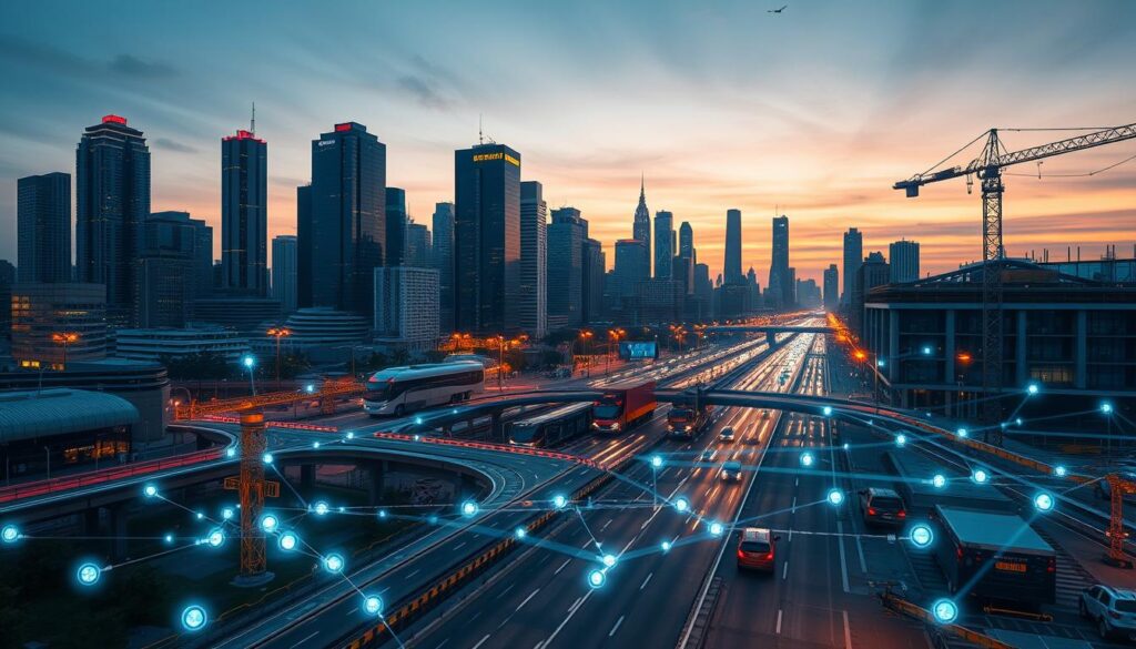 A modern city skyline at dusk, with high-rise buildings and infrastructure bathed in a warm, golden glow. In the foreground, a network of glowing smart sensors and IoT devices are seamlessly integrated into the urban landscape, monitoring traffic, energy usage, and environmental conditions. Sleek, autonomous vehicles navigate the streets, while intelligent construction equipment operates on a nearby worksite. Holographic displays and augmented reality overlays provide real-time data and insights to civil engineers, enabling them to make informed, data-driven decisions. The scene conveys a sense of technological sophistication, efficiency, and harmony between the built environment and the digital realm.