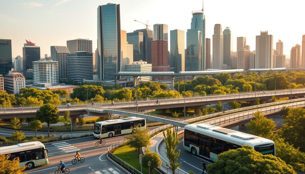 A modern city skyline with a focus on sustainable transportation infrastructure. In the foreground, electric buses and bicyclists navigate sleek, well-designed transit hubs. The middle ground features an elevated light rail system gliding between gleaming skyscrapers powered by renewable energy. In the background, lush green parks and gardens accentuate the city's commitment to eco-friendly urban planning. The scene is bathed in warm, golden-hour lighting, capturing a sense of harmony between technology and nature. The overall atmosphere conveys a vision of a thriving, sustainable future for transportation.