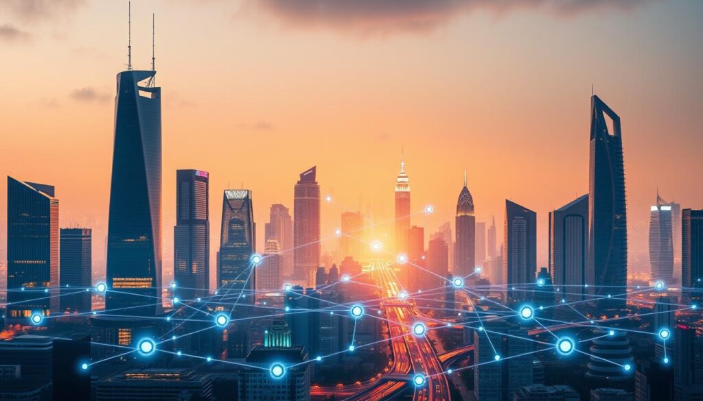 A modern city skyline with sleek, futuristic skyscrapers and infrastructure. In the foreground, a transparent policy framework hovers, outlining key regulations and guidelines for smart city development. The middle ground features a network of connected devices, sensors, and IoT systems, visualized through holographic interfaces. In the background, a glowing cityscape is illuminated by warm, diffused lighting, creating an atmosphere of technological progress and urban innovation. The scene is captured through a wide-angle lens, emphasizing the scale and complexity of the smart city ecosystem.