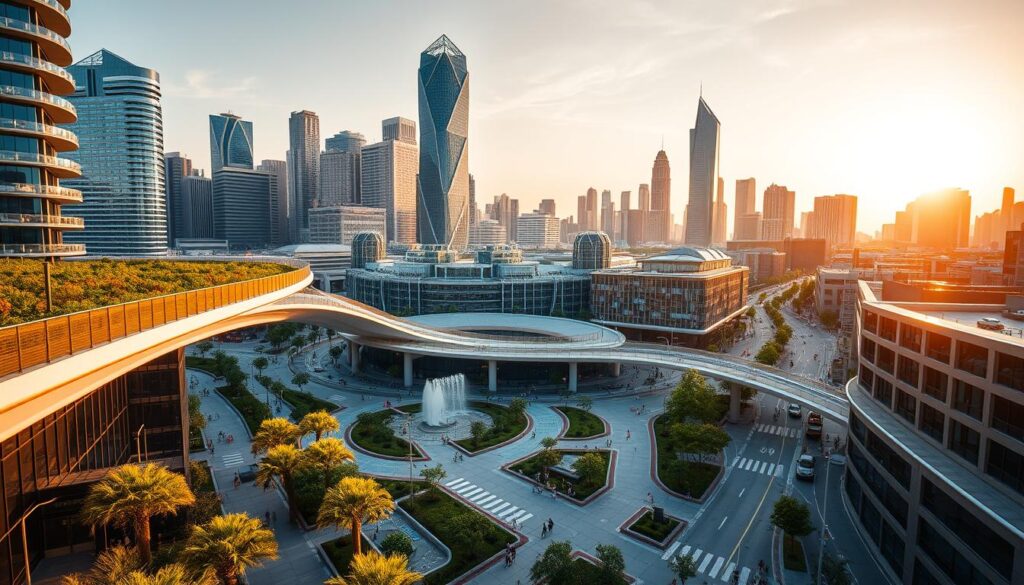 A modern cityscape bathed in warm, golden sunlight. In the foreground, sleek, curved pedestrian bridges arc over bustling streets below, connecting high-rise buildings with lush rooftop gardens. In the middle ground, a network of bike lanes and pedestrian walkways wind through a plaza with cascading water features and shaded seating areas. In the background, towering skyscrapers with dynamic, geometric facades reflect the sky's changing hues. The overall scene exudes a sense of harmony, sustainability, and human-centric design, promoting health, safety, and connectivity within the urban environment.