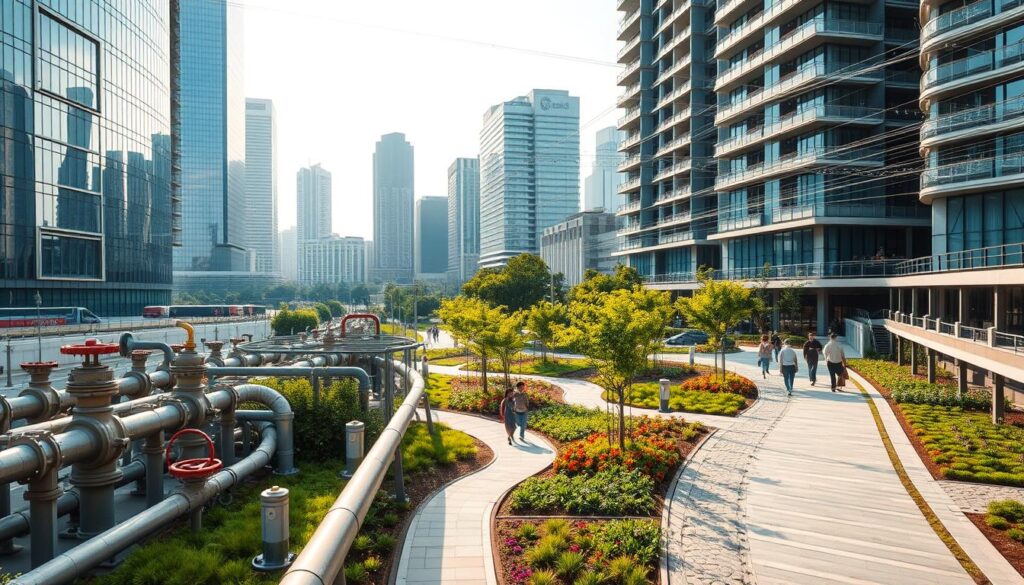 A modern cityscape with sleek high-rise buildings and lush green spaces. In the foreground, an advanced water treatment facility with shimmering glass facades and cutting-edge equipment. Pipelines and valves are neatly arranged, conveying a sense of efficient water management. In the middle ground, an urban park with bio-swales, permeable paving, and smart irrigation systems. People stroll along the walkways, enjoying the integrated water conservation features. In the background, a sprawling network of smart water sensors and IoT devices monitoring and optimizing the city's water usage. The scene is bathed in warm, diffused lighting, creating an atmosphere of technological sophistication and environmental harmony.