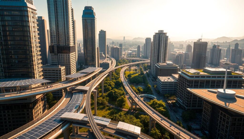 A modern cityscape with towering skyscrapers and bustling streets, illuminated by warm, golden sunlight. In the foreground, a network of elevated walkways and bridges made of gleaming steel and glass, connecting the buildings and allowing pedestrians to traverse the urban landscape. Solar panels and wind turbines dot the rooftops, harnessing renewable energy to power the city. In the middle ground, lush green parks and gardens interspersed between the structures, with trees and vegetation thriving. The background features a distant horizon of rolling hills and mountains, creating a harmonious blend of natural and built environments. The overall atmosphere conveys a sense of sustainability, efficiency, and a vision for a climate-resilient future.