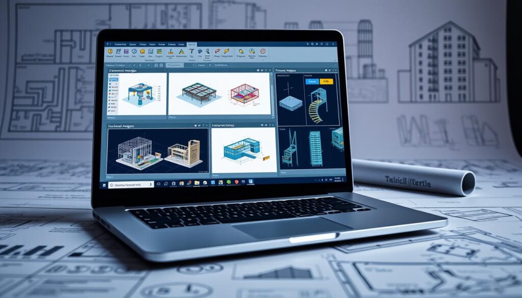 A modern civil engineering software suite displayed on a sleek, silver laptop. The user interface showcases advanced 3D modeling, structural analysis, and simulation tools, with clear diagrams and intuitive data visualizations. Soft lighting illuminates the scene, creating a professional, technical atmosphere. In the background, architectural blueprints and engineering schematics are visible, emphasizing the software's integration with the design process. The composition conveys the power and precision of digital tools that enhance structural integrity and enable innovative civil engineering projects.