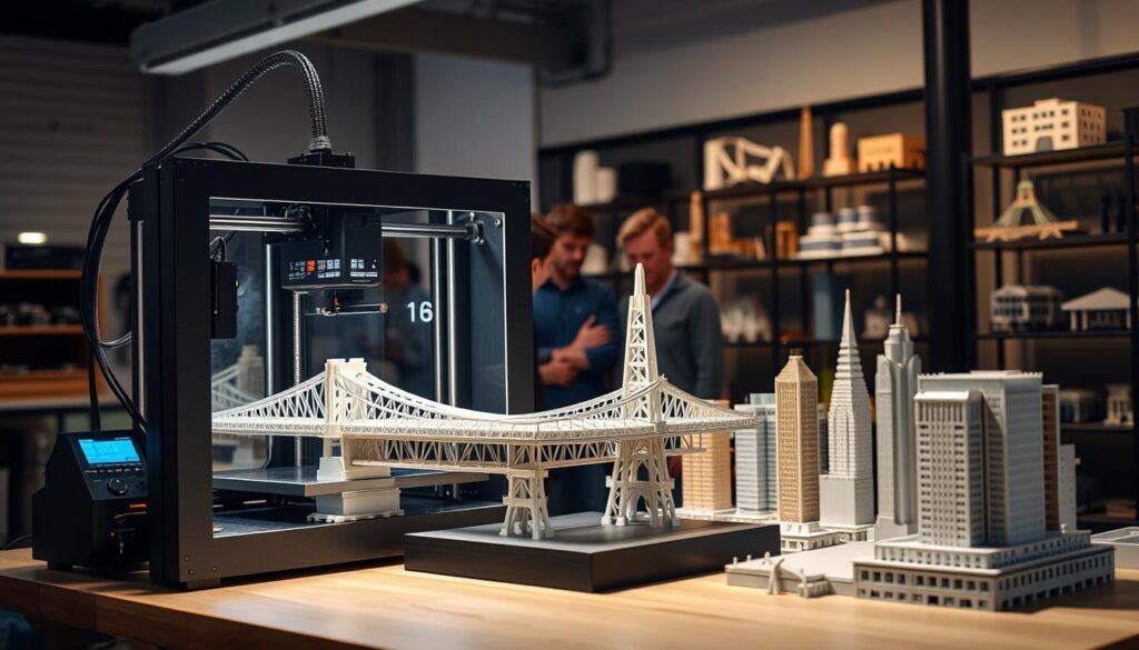 A modern civil engineering workshop with a large 3D printer prominently displayed in the foreground. The printer is producing a detailed scale model of a bridge or skyscraper, showcasing the latest advancements in additive manufacturing for construction. The middle ground features engineers and technicians closely observing the printing process, discussing technical specifications and design considerations. In the background, a wall-mounted display presents various 3D printed civil engineering models and prototypes, highlighting the versatility and precision of this innovative technology. The scene is bathed in a warm, professional lighting, casting dramatic shadows and emphasizing the intricate details of the printed structures.