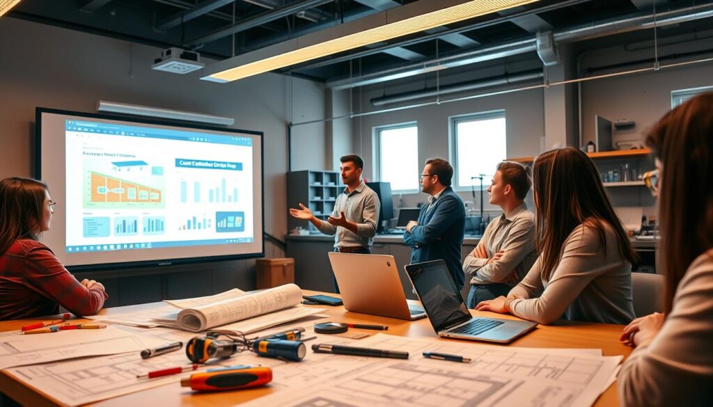 A modern classroom setting, with a group of civil engineering students intently focused on a presentation displayed on a large screen. The lighting is warm and inviting, creating a sense of engagement and collaborative learning. In the foreground, a table is covered with various engineering tools, blueprints, and a laptop, suggesting a hands-on, practical approach to cost estimation training. The middle ground features the presenter, gesturing towards the screen and engaging the audience. The background showcases a well-equipped lab or workshop, hinting at the technical nature of the subject matter. The overall atmosphere conveys a professional, yet approachable environment for developing cost estimation skills in the field of civil engineering.