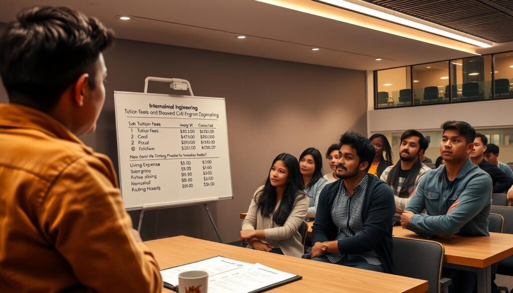 A modern classroom setting with a group of international students attentively listening to a lecturer discussing the tuition fees and financial considerations for a renowned civil engineering program. The foreground features a whiteboard displaying cost breakdowns, scholarship opportunities, and living expense estimates. The middle ground shows the diverse student cohort, their faces expressing a mix of contemplation and engagement. The background showcases the campus architecture, with clean lines and contemporary design elements. Warm, indirect lighting creates a welcoming atmosphere, conveying the institution's commitment to supporting international students' academic and financial needs.