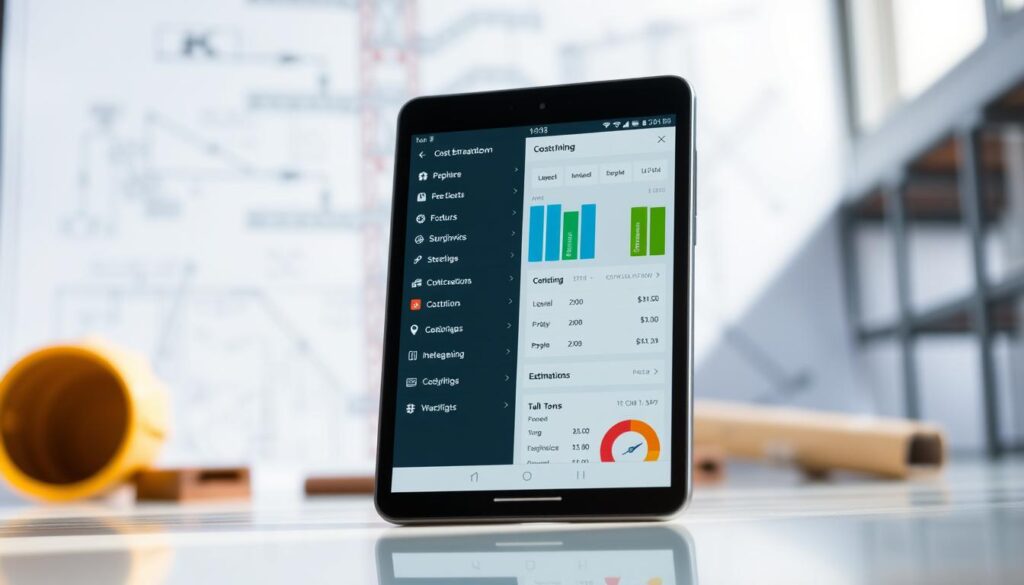 A modern, clean-looking construction estimating app displayed on a tablet or smartphone screen, set against a blurred background of a construction site or architectural plans. The app interface should feature clear and intuitive menus, cost breakdown tools, and project management features. The lighting should be bright and natural, highlighting the app's sleek design and functionality. The camera angle should be slightly elevated, providing a dynamic and professional perspective. The overall mood should convey efficiency, organization, and the utility of such an app for civil engineering professionals.