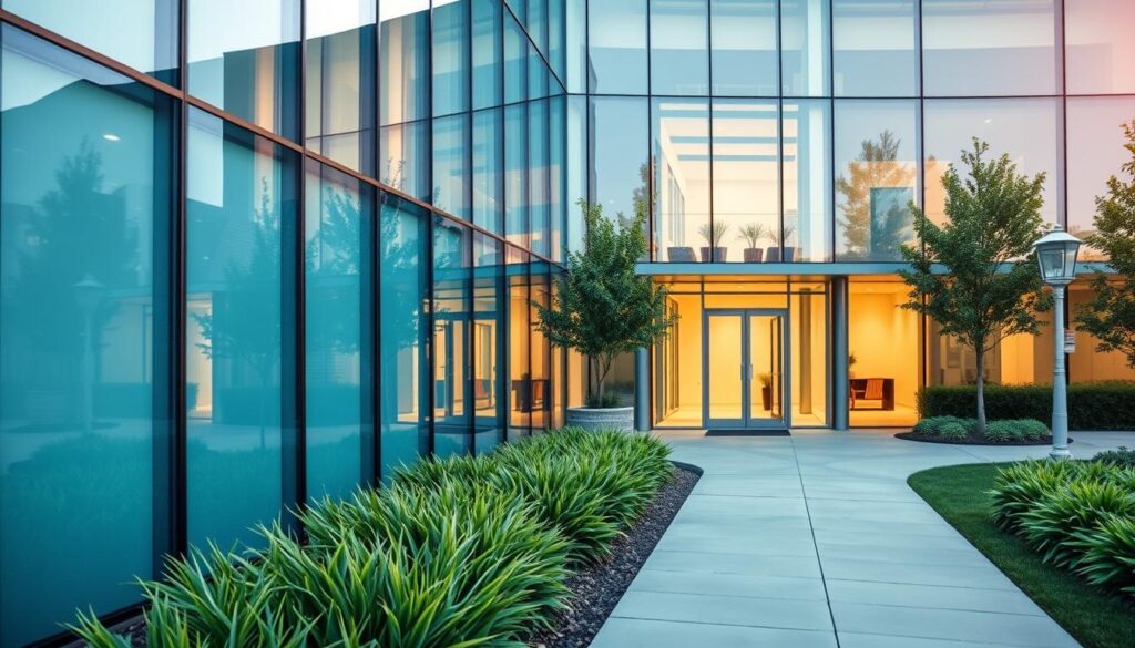 A modern commercial building with sleek, UV-protective glazing panels covering the exterior. The glass appears tinted with a subtle blue-green hue, providing effective shielding against harmful ultraviolet rays. The building is illuminated by warm, diffused natural light filtering through the glazed facade, creating a comfortable and energy-efficient interior environment. In the foreground, a pedestrian walkway leads toward the entrance, flanked by lush, well-manicured landscaping that complements the building's contemporary architectural design. The image conveys a sense of sustainability, comfort, and innovation within the commercial space.