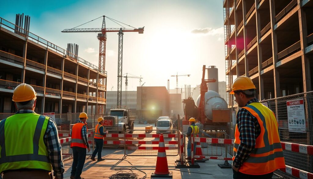 A modern construction site bathed in warm, diffused sunlight. In the foreground, workers wearing hard hats and high-visibility vests carry out their tasks with focused diligence. In the middle ground, signage and barriers clearly mark hazardous zones, promoting safety awareness. The background features a towering crane, a concrete mixer, and other heavy machinery, all operating in harmony under the watchful eye of a dedicated site supervisor. The overall atmosphere conveys a sense of organized productivity, where safety and efficiency coexist to create a thriving construction environment.