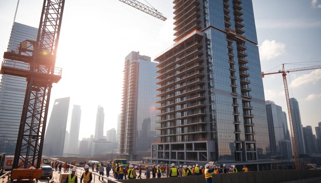 A modern construction site, bustling with activity. In the foreground, a towering crane lifts heavy steel beams, its graceful arc casting dramatic shadows. Surrounding it, a hive of construction workers in hard hats and safety vests, operating state-of-the-art machinery. In the middle ground, a partially completed high-rise, its sleek glass facade reflecting the sky and nearby buildings. In the background, a cityscape of gleaming skyscrapers, their angular forms cutting a striking silhouette against the horizon. Diffused sunlight filters through the scene, creating a warm, dynamic atmosphere that captures the essence of cutting-edge construction techniques.