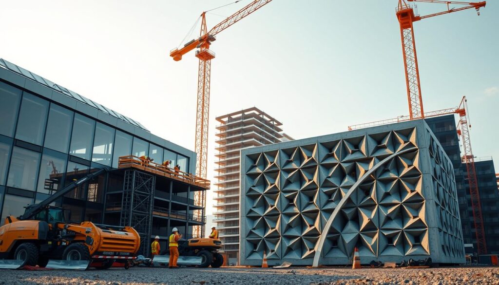A modern construction site showcasing sustainable techniques. In the foreground, a team of workers use advanced machinery to install energy-efficient windows and solar panels on a sleek, glass-walled building. The middle ground features a 3D-printed concrete structure, its intricate geometric pattern highlighting the precision of additive manufacturing. In the background, a towering crane lifts prefabricated, modular building components into place, minimizing waste and accelerating the build process. Warm, diffused lighting bathes the scene, creating a sense of innovation and environmental consciousness. The overall composition conveys a vision of a sustainable future, where technology and construction harmonize to reduce the environmental impact of the built environment.