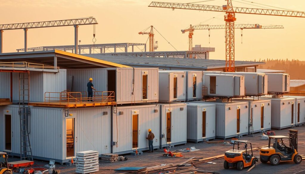A modern construction site with modular building components being assembled in a methodical, step-by-step process. In the foreground, workers meticulously install prefabricated wall panels, roofing elements, and utility systems. The middle ground features cranes and forklifts transporting modular units into place, while the background showcases the partially completed building structure. Warm, natural lighting illuminates the scene, creating a sense of efficiency and precision. The overall atmosphere conveys the innovative, streamlined nature of modular construction techniques.