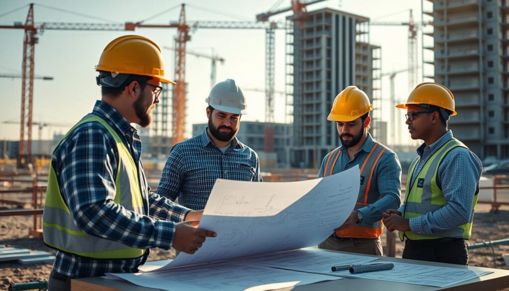 A modern construction site with workers in hard hats reviewing blueprints and blueprints on a table. In the background, cranes and partially constructed buildings. The scene is well-lit with natural daylight filtering through from the side, casting long shadows. The image has a sense of order and organization, reflecting the strict regulations governing construction practices. The overall mood is professional and focused, with a touch of industrial grit.