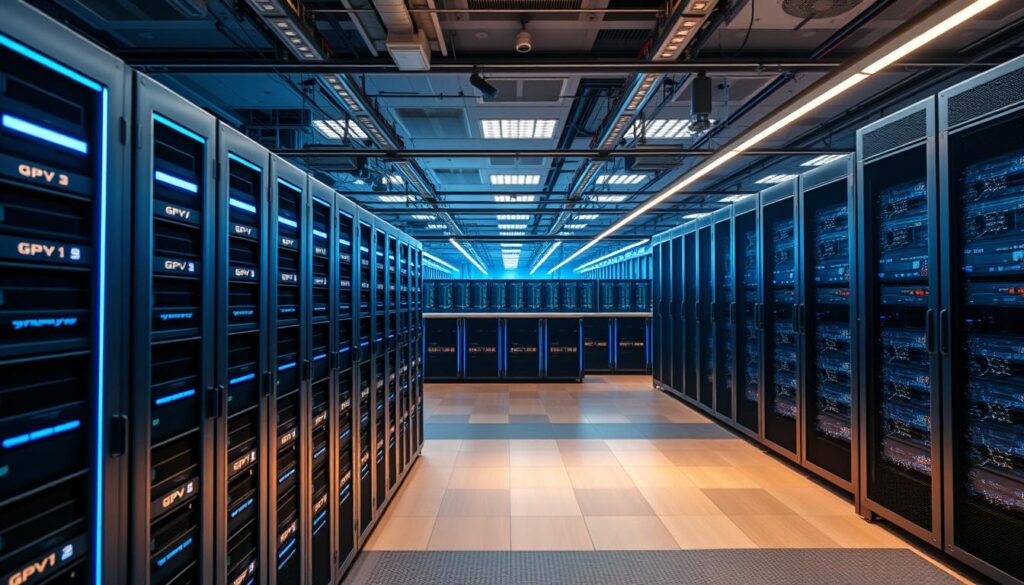 A modern data center showcasing cutting-edge AI infrastructure solutions. In the foreground, a bank of powerful GPU servers, their sleek metal enclosures illuminated by cool blue lighting. In the middle ground, a series of server racks, meticulously organized, with blinking status indicators and cooling fans whirring softly. The background features a panoramic view of the data center, with rows of server cabinets stretching into the distance, bathed in a warm, ambient glow. The overall atmosphere is one of technological sophistication and efficiency, conveying the reliability and scalability of the AI infrastructure on display.