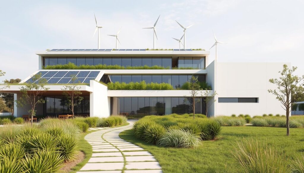 A modern, eco-friendly building design with sustainable features prominently displayed. The structure is composed of sleek, minimalist lines and large windows that allow ample natural light to flood the interior. The facade features solar panels, a green roof, and carefully integrated wind turbines, showcasing the building's commitment to renewable energy. The landscaping incorporates native plants and a water-efficient irrigation system. In the foreground, a path leads to the main entrance, flanked by lush, low-maintenance greenery. The overall scene conveys a sense of harmony between the built environment and the natural world, reflecting the energy-efficient principles at the heart of the design.
