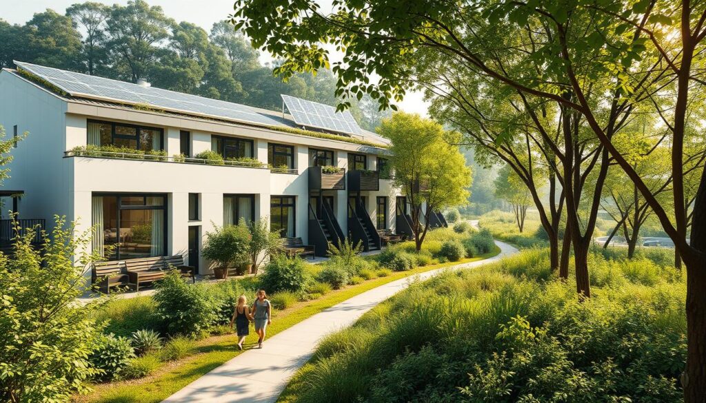 A modern, energy-efficient apartment building nestled in a lush, verdant landscape. The structure features sleek, minimalist architecture with large windows that maximize natural light. Solar panels adorn the rooftop, while a rooftop garden and rainwater harvesting system integrate sustainable design elements. In the foreground, a family enjoys the building's communal green space, walking along a winding path lined with native flora. Diffused sunlight filters through the canopy of trees, creating a warm, inviting atmosphere that reflects the building's commitment to environmental responsibility.
