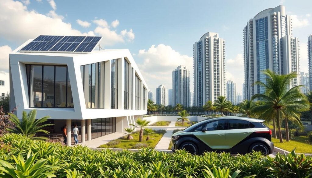 A modern, energy-efficient building situated amidst a lush, verdant landscape. The facade features sleek, angular lines and large windows that maximize natural light. Solar panels adorn the rooftop, harnessing renewable energy. In the foreground, a futuristic electric vehicle charges silently, symbolizing sustainable transportation. The middle ground showcases a well-designed courtyard with walkways and native flora, promoting passive cooling and community interaction. In the background, towering skyscrapers with similar sustainable design principles create a harmonious cityscape, exemplifying the future of energy-efficient architecture.
