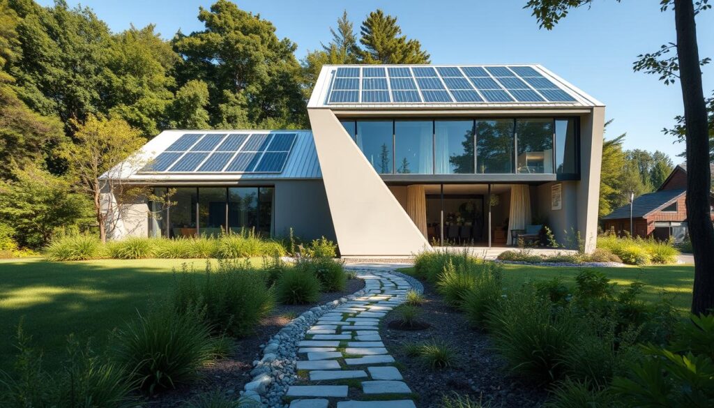 A modern, energy-efficient building stands proudly against a backdrop of lush greenery. The sleek, angular facade is adorned with strategically placed solar panels, capturing the sun's rays to power the structure. Large, energy-efficient windows flood the interior with natural light, reducing the need for artificial lighting. The building's rooftop features a well-insulated, reflective surface, minimizing heat absorption and improving thermal efficiency. In the foreground, a path leads to the building's main entrance, lined with native plants and a small, meticulously designed water feature that adds to the overall sustainability of the design. The scene conveys a sense of harmony between modern architecture and the natural environment, showcasing the benefits of energy-efficient building design.