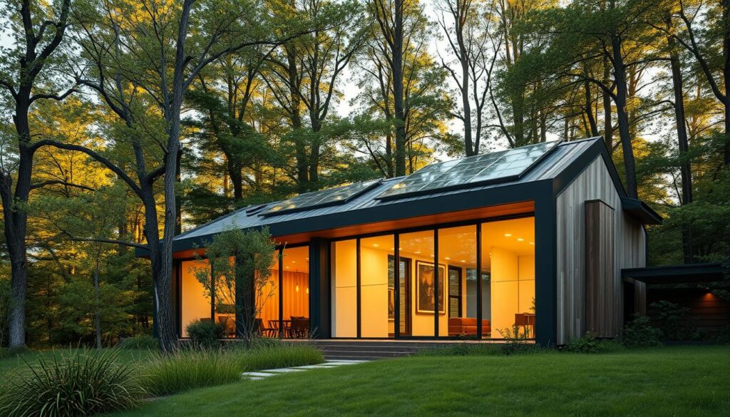 A modern, energy-efficient building with a sleek, angular design nestled amidst a lush, verdant landscape. Abundant natural light floods the interiors through large, floor-to-ceiling windows, complemented by strategically placed solar panels on the roof. The building's façade features a harmonious blend of sustainable materials like glass, steel, and reclaimed wood, creating a striking visual contrast against the backdrop of towering, verdant trees. Warm, diffused lighting illuminates the entryway, guiding visitors towards the building's energy-efficient, technologically-advanced interior. The overall scene conveys a sense of environmental responsibility, technological innovation, and architectural elegance.