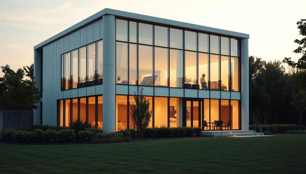 A modern, energy-efficient building with a sleek, minimalist design, featuring large windows that flood the interior with natural light. The facade is adorned with solar panels, seamlessly integrated into the architecture. The building is situated in a lush, green landscape, with carefully designed landscaping that complements the sustainable design. The lighting is soft and diffused, creating a warm, inviting atmosphere. The overall composition conveys a sense of harmony between the structure and its environment, showcasing the cost-effective and eco-friendly principles of energy-efficient building design.