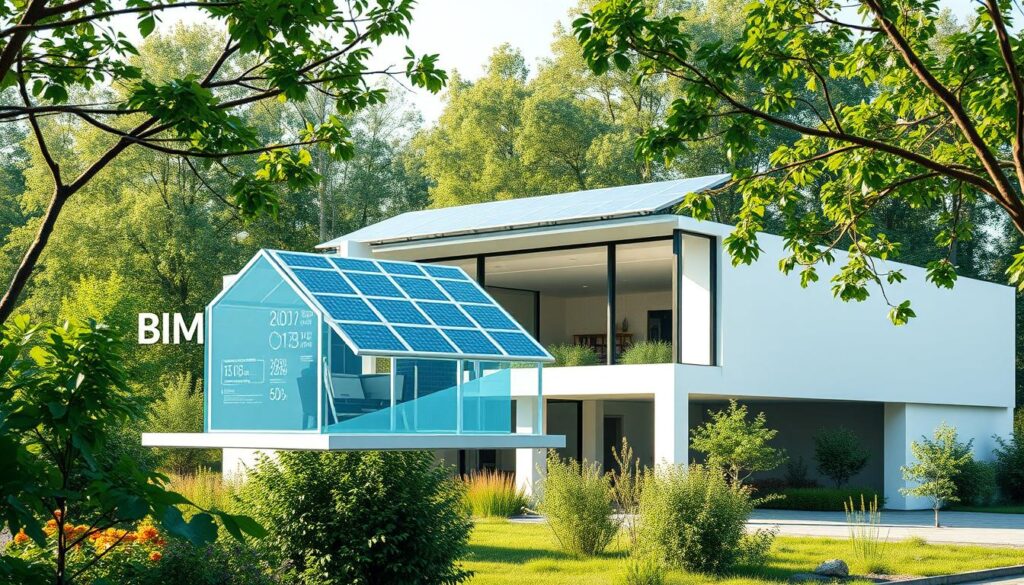 A modern, energy-efficient building with a sustainable design, surrounded by lush greenery and renewable energy sources. The structure features sleek, minimalist architecture with large windows that flood the interior with natural light. Solar panels cover the roof, generating clean, renewable electricity. A BIM model hovers in the foreground, displaying detailed information about the building's energy efficiency and environmental impact. The scene conveys a sense of harmony between advanced technology and ecological responsibility, reflecting the core principles of sustainable civil engineering.