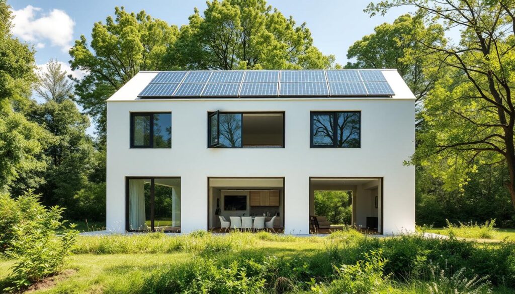 A modern, energy-efficient building with clean, minimalist architecture stands amidst a lush, verdant landscape. Sunlight streams through large windows, illuminating the interior's sleek, minimalist design. Solar panels adorn the rooftop, harnessing renewable energy. Strategically placed insulation, high-performance windows, and passive cooling systems work in harmony to maintain comfortable temperatures. The scene exudes a sense of harmony between sustainable design and the natural environment, showcasing the principles of energy-efficient architecture.