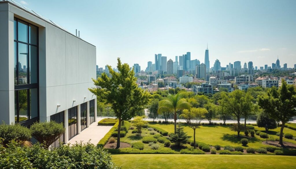 A modern, energy-efficient building with clean, minimalist architecture stands prominently in the foreground. Large windows allow natural light to flood the interior, complemented by discreet solar panels on the roof. The middle ground showcases a lush, verdant landscape with strategically placed trees and shrubs, creating a serene, sustainable environment. In the background, a cityscape of similar energy-efficient structures rises, conveying a vision of a green, eco-conscious urban landscape. The scene is captured with a wide-angle lens, emphasizing the scale and integration of the building design within its natural and built surroundings. The overall mood is one of efficiency, innovation, and environmental harmony.