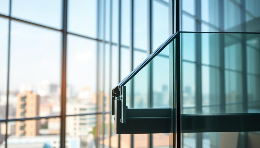 A modern, energy-efficient building with large, sleek glass windows that allow natural light to flood the interior. The glass panes have a subtle, tinted coating that reflects heat, reducing energy consumption for heating and cooling. In the foreground, a close-up view of the glazing system showcases the intricate details of the frame, mullions, and energy-saving features. The background is a blurred cityscape, hinting at the building's urban setting. The overall scene conveys a sense of sustainability, technological innovation, and architectural elegance.