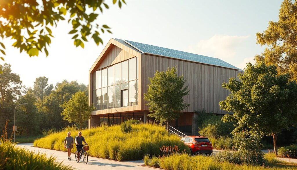 A modern, energy-efficient building with solar panels on the roof, surrounded by lush, verdant landscaping. The structure features large windows that flood the interior with natural light, and a sleek, minimalist design that incorporates sustainable materials like recycled wood and steel. In the foreground, people can be seen walking or cycling, highlighting the building's integration with eco-friendly transportation. The scene is bathed in warm, golden hues, conveying a sense of harmony and environmental consciousness. The overall atmosphere is one of tranquility and forward-thinking design, capturing the essence of sustainable building practices.